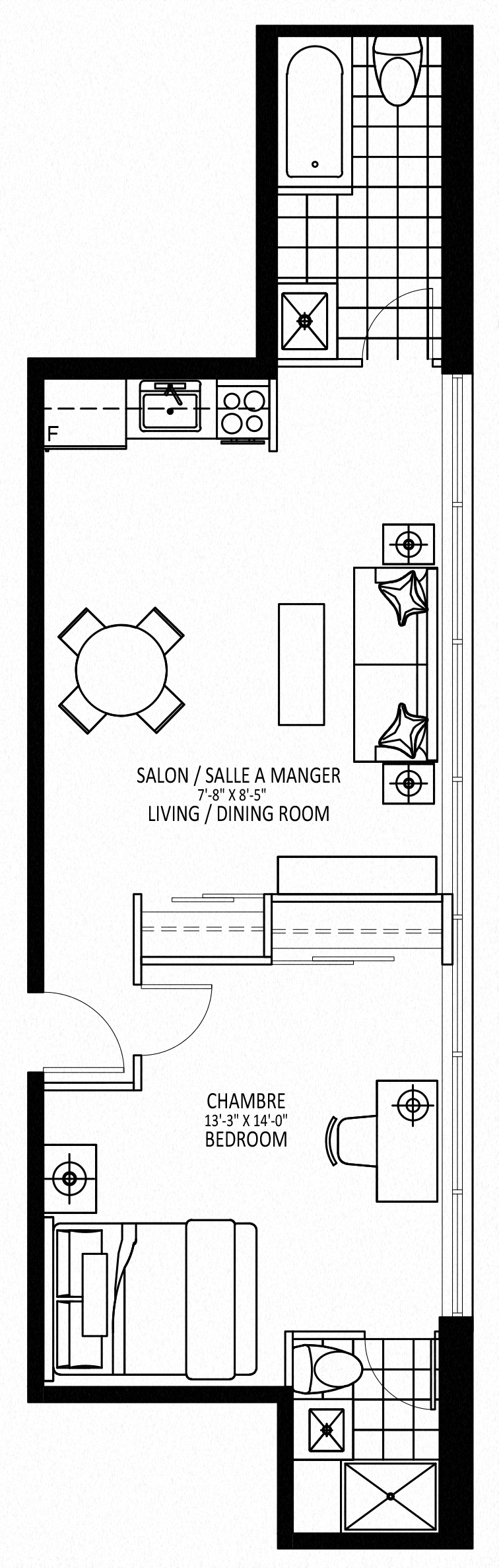 Floor plan for 1 bed, 2 baths, 520 sqft